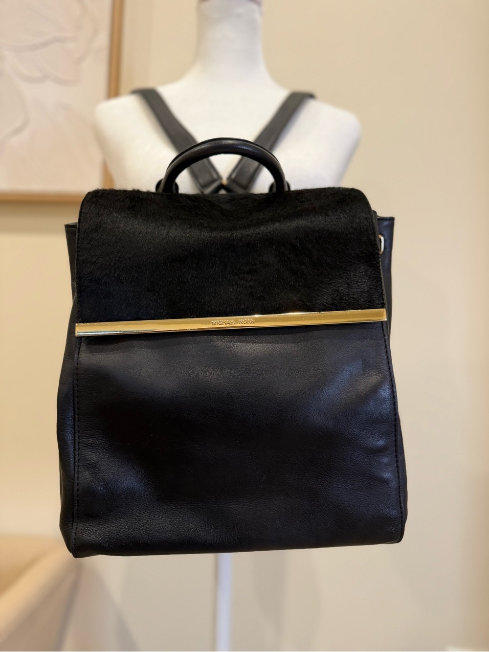 Michael Kors Black Leather & Cowhide Backpack with Gold Accents